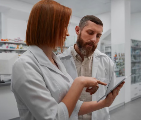 Farmacéutica y consultor revisando juntos datos en una tableta dentro de la farmacia