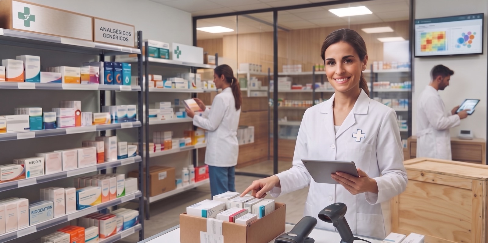 Farmacéutica revisando un pedido con una tableta junto a las estanterías de la farmacia